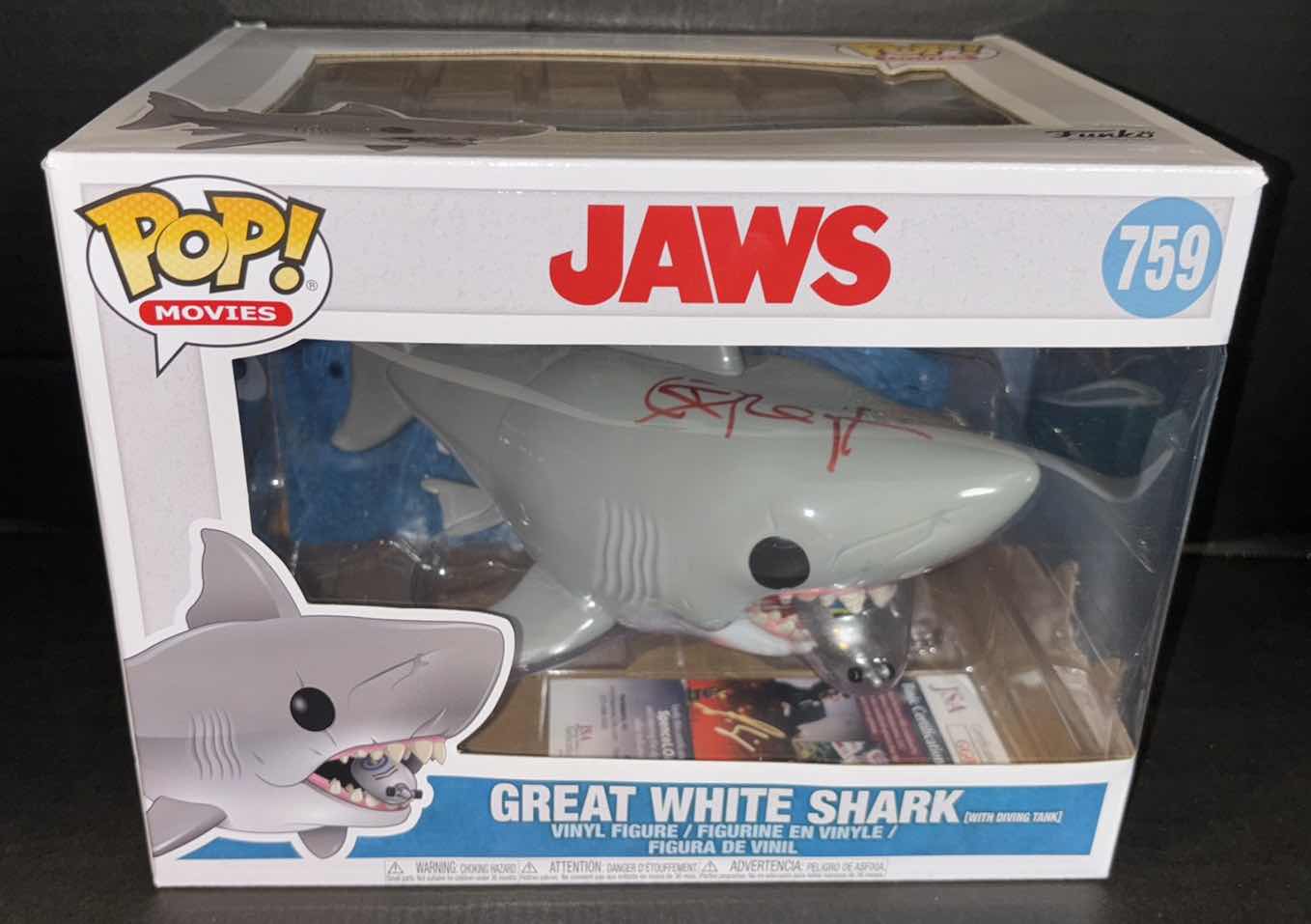 Photo 2 of NEW FUNKO POP! MOVIES VINYL FIGURE, RICHARD DREYFUSS SIGNED #759 JAWS GREAT WHITE SHARK (WITH DIVING TANK), JSA COA INCLUDED 