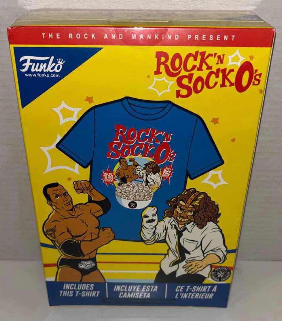 Photo 5 of NEW FUNKO WWE THE ROCK & MANKIND PRESENT ROCK N SOCK O’S UNISEX T-SHIRT, SIZE X-LARGE 