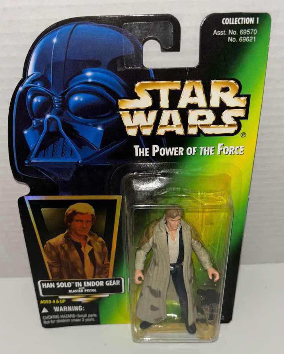 Photo 1 of NEW KENNER STAR WARS THE POWER OF THE FORCE ACTION FIGURE, HAN SOLO IN ENDOR GEAR W BLASTER PISTOL