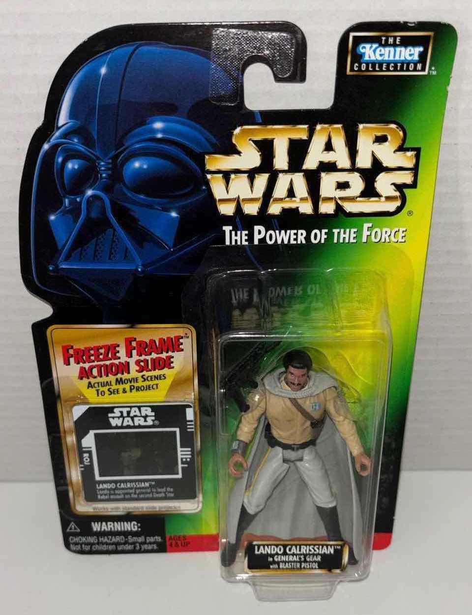 Photo 1 of NEW KENNER STAR WARS THE POWER OF THE FORCE ACTION FIGURE, LANDO CALRISSIAN IN GENERALS GEAR W BLASTER PISTOL & FREEZE FRAME ACTION SLIDE