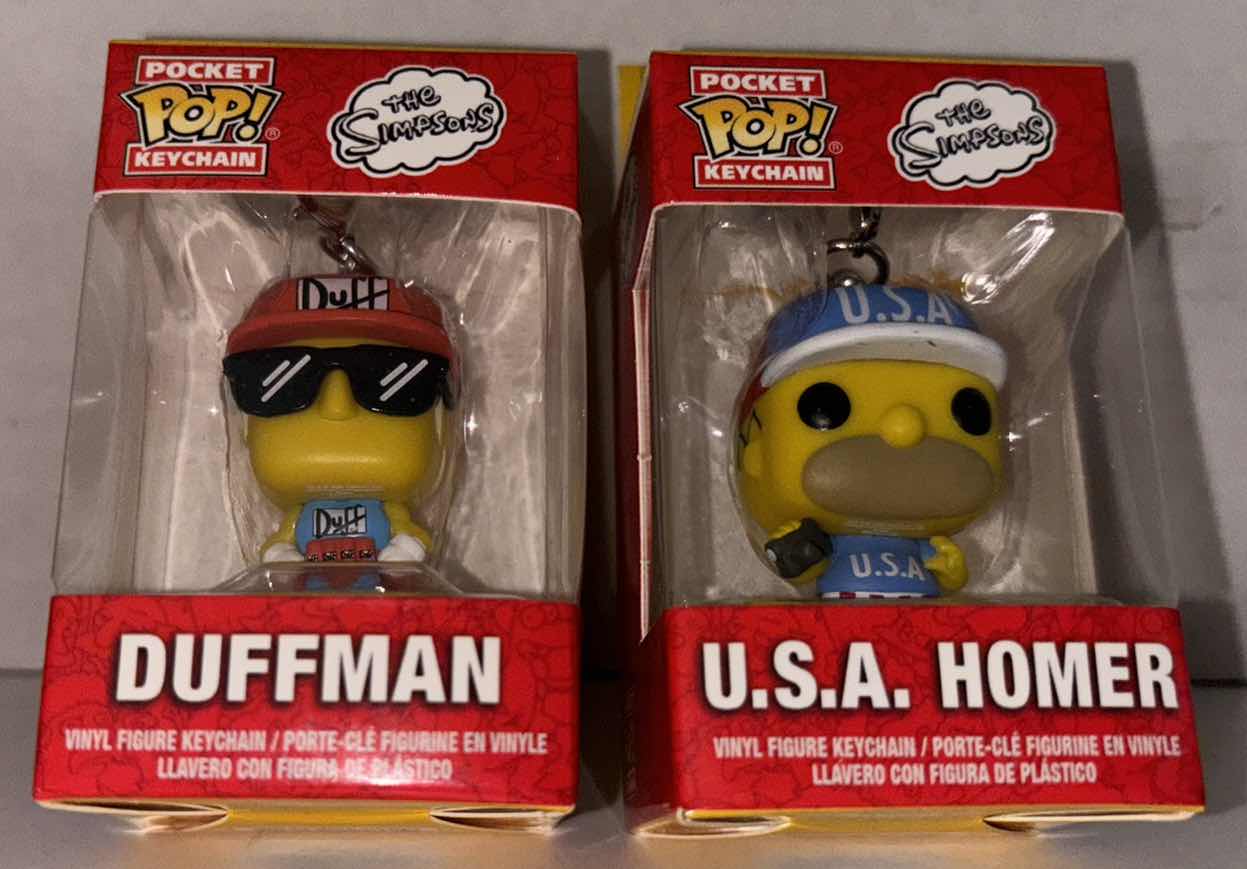 Photo 1 of NEW FUNKO POP! POCKET KEYCHAIN 2-PACK, THE SIMPSONS “DUFFMAN” & “USA HOMER”