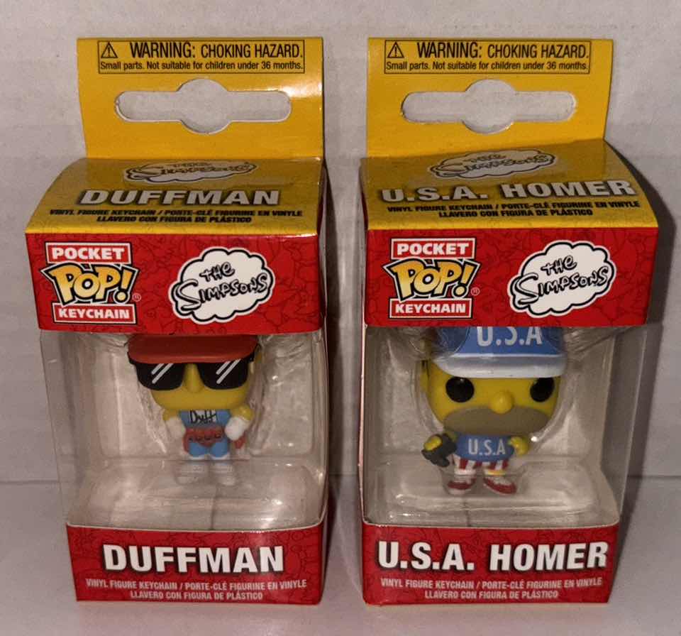 Photo 2 of NEW FUNKO POP! POCKET KEYCHAIN 2-PACK, THE SIMPSONS “DUFFMAN” & “USA HOMER”