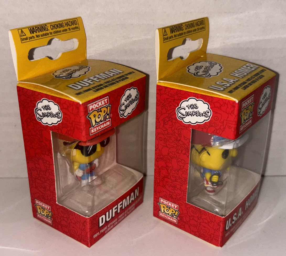 Photo 3 of NEW FUNKO POP! POCKET KEYCHAIN 2-PACK, THE SIMPSONS “DUFFMAN” & “USA HOMER”