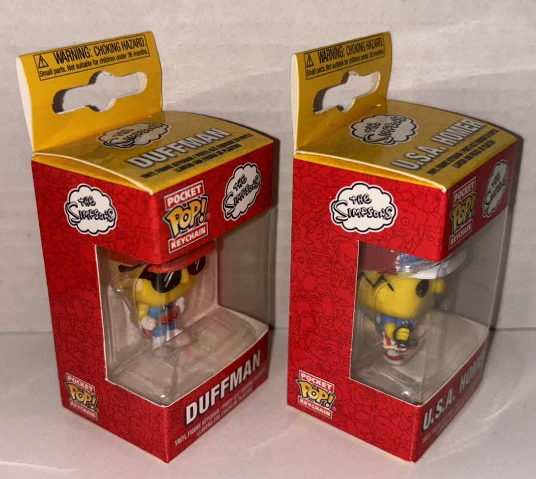 Photo 3 of NEW FUNKO POP! POCKET KEYCHAIN 2-PACK, THE SIMPSONS “DUFFMAN” & “USA HOMER” 