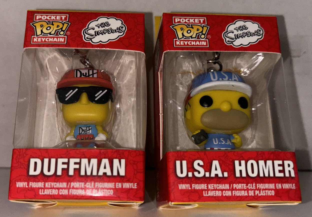 Photo 1 of NEW FUNKO POP! POCKET KEYCHAIN 2-PACK, THE SIMPSONS “DUFFMAN” & “USA HOMER” 