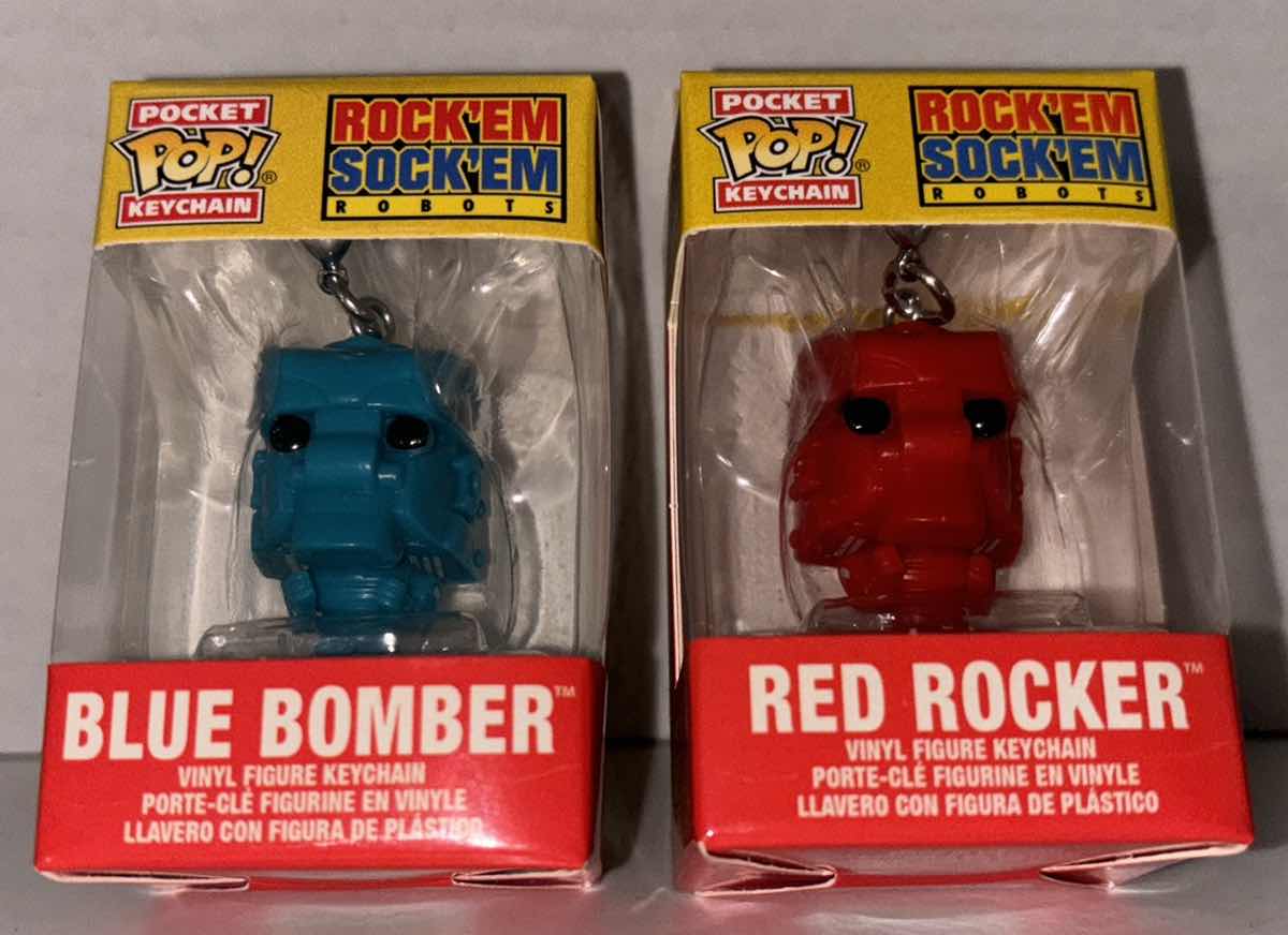 Photo 1 of NEW FUNKO POP! POCKET KEYCHAIN 2-PACK, ROCK EM’ SOCK EM’ ROBOTS “BLUE BOMBER” & “RED ROCKER”