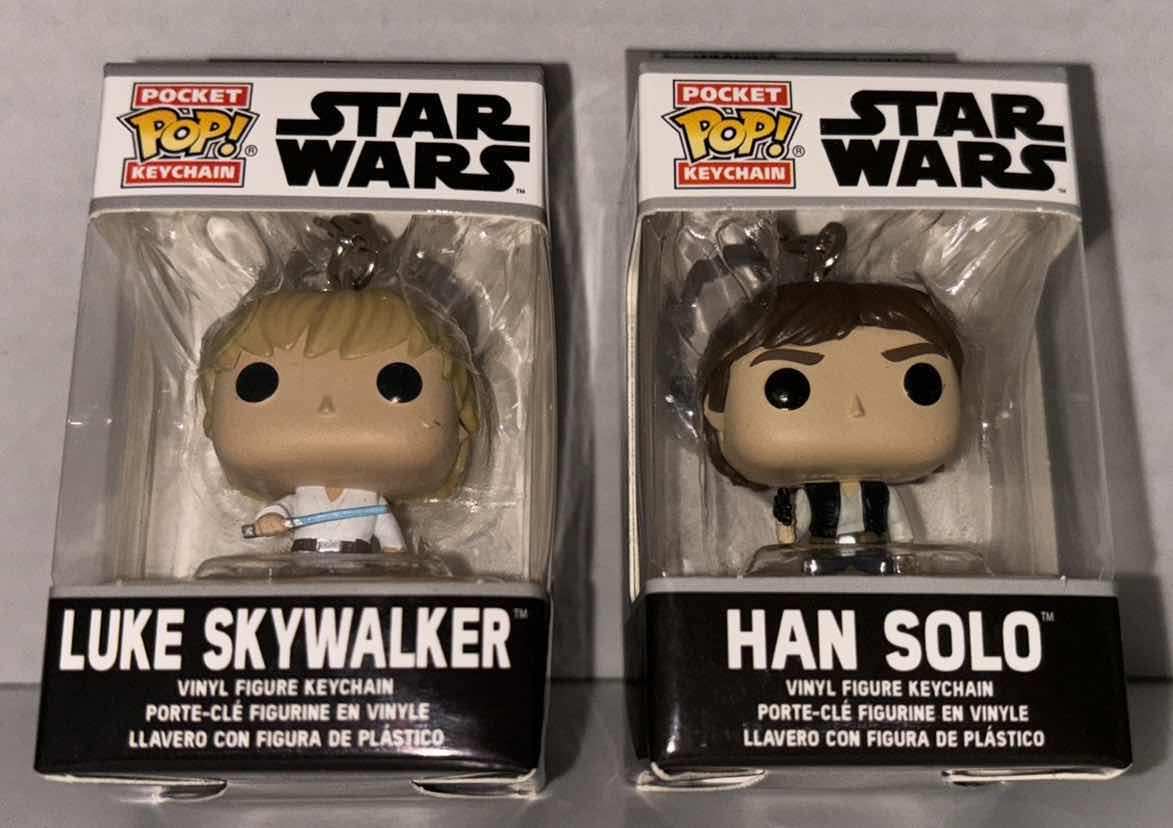 Photo 1 of NEW FUNKO POP! POCKET KEYCHAIN 2-PACK, STAR WARS “LUKE SKYWALKER” & “HAN SOLO”