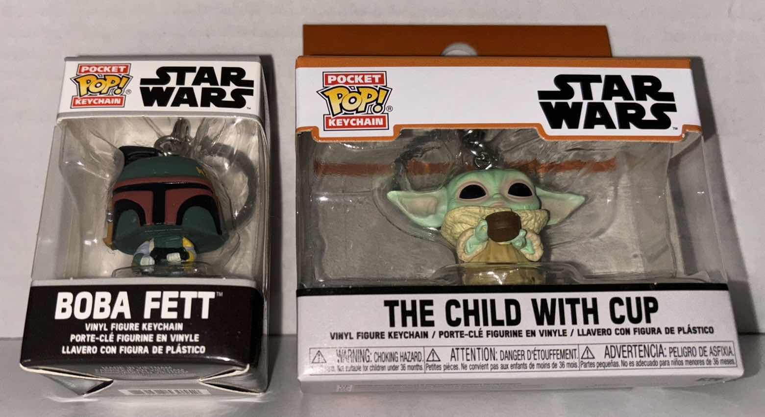 Photo 1 of NEW FUNKO POP! POCKET KEYCHAIN 2-PACK, STAR WARS “BOBA FETT” & “ THE CHILD WITH CUP”