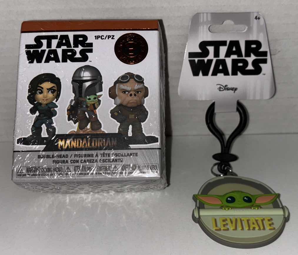 Photo 1 of NEW FUNKO MYSTERY MINIS BOBBLE-HEAD FIGURINE, STAR WARS THE MANDALORIAN & MONOGRAM DISNEY SOFT TOUCH BAG CLIP THE CHILD “LEVITATE”