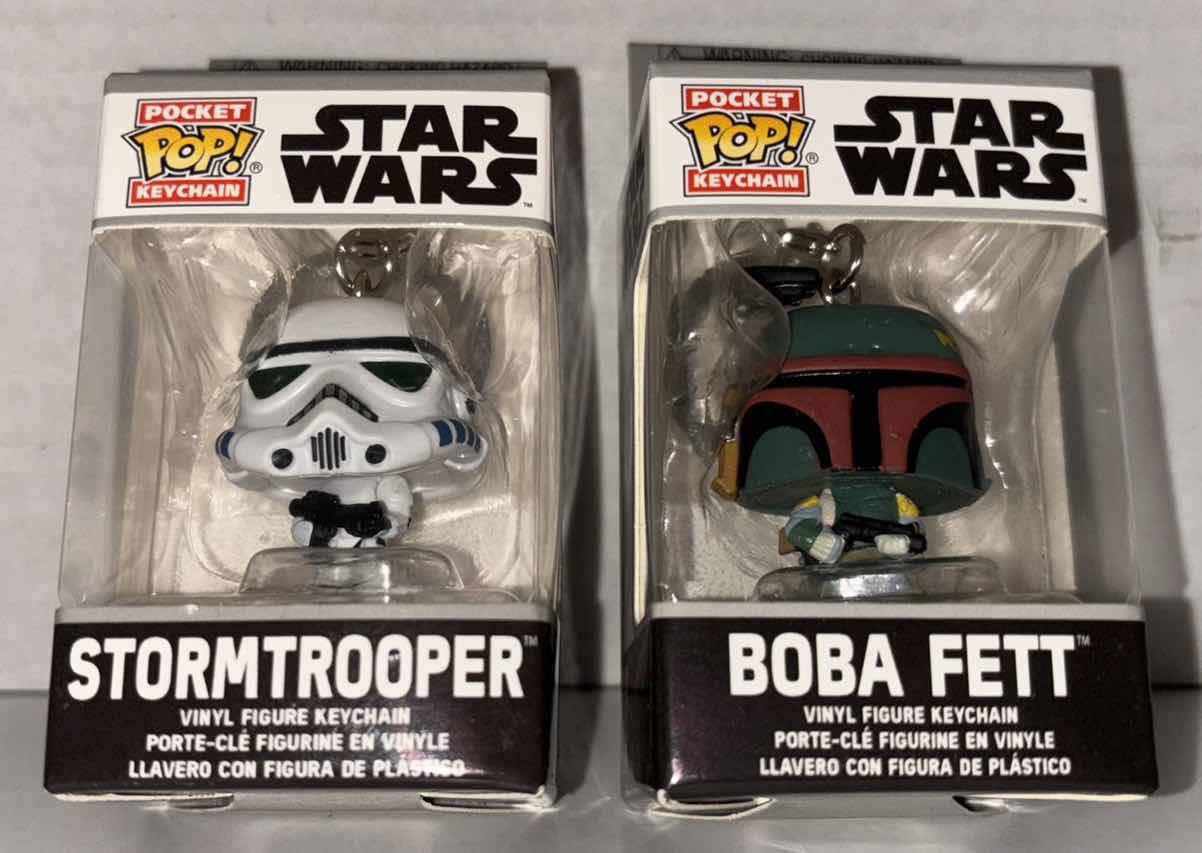 Photo 1 of NEW FUNKO POP! POCKET KEYCHAIN 2-PACK, STAR WARS “STORMTROOPER” & “BOBA FETT” 