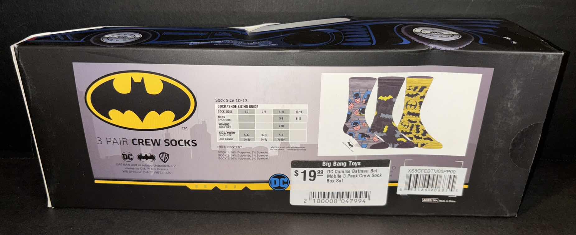 Photo 5 of NEW BIOWORLD DC COMICS BATMAN BATMOBILE 3-PACK CREW SOCKS FOR MEN, SIZE 8-12 