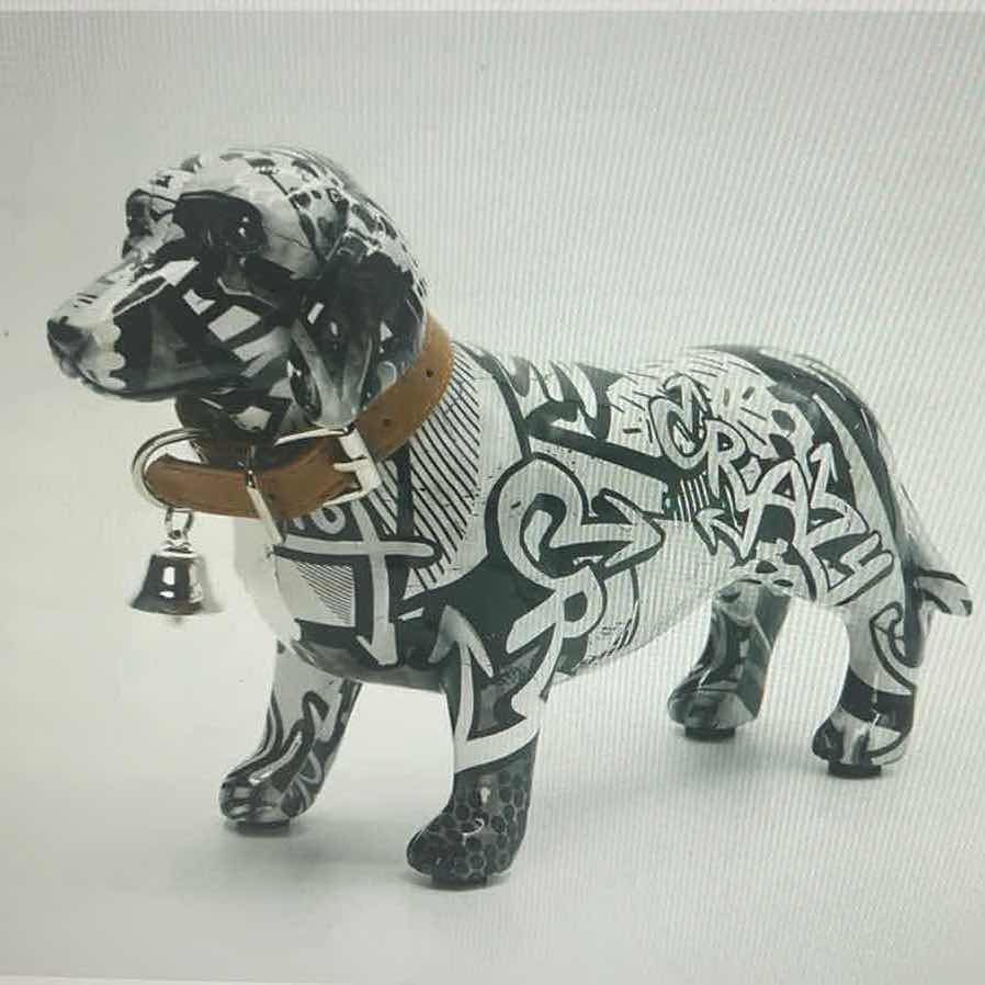 Photo 1 of BRANI COLORFUL RESIN BLACK AND WHITE DACHSHUND DOG W COLLAR 11” x 14” x 7”