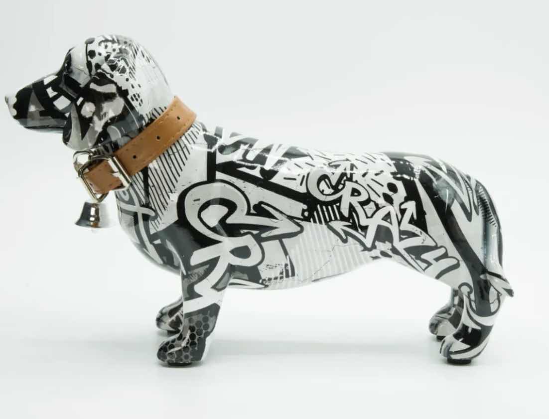 Photo 2 of BRANI RESIN BLACK AND WHITE DACHSHUND DOG W COLLAR. 11” x 14” x 7”