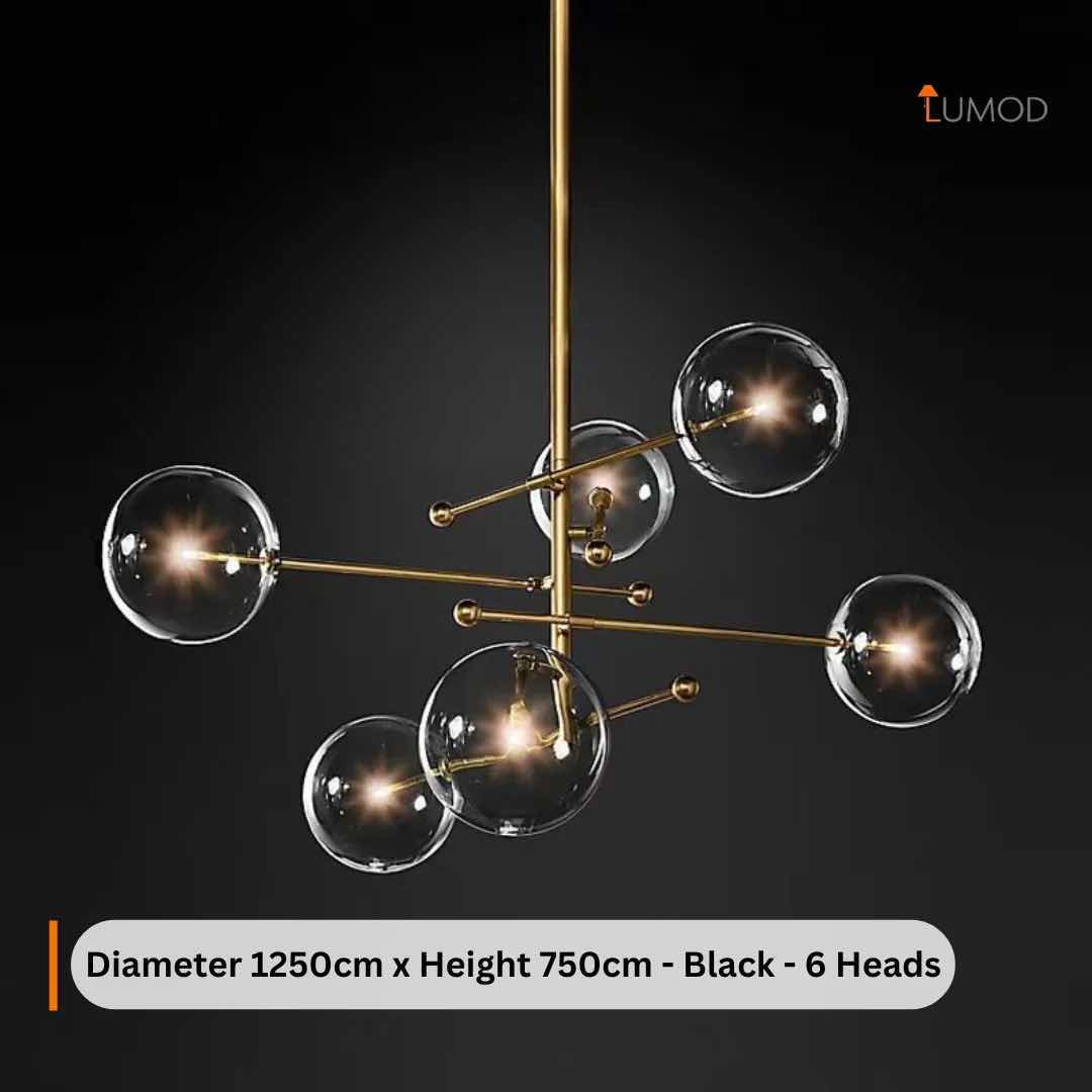 Photo 1 of NIB-SKYLER 50” ROUND BLACK & GOLD TRANSLUCENT INDUSTRIAL STYLE BUBBLE LED 6 HEAD ALUMINUM & GLASS CHANDELIER H30” LL-1015-MF