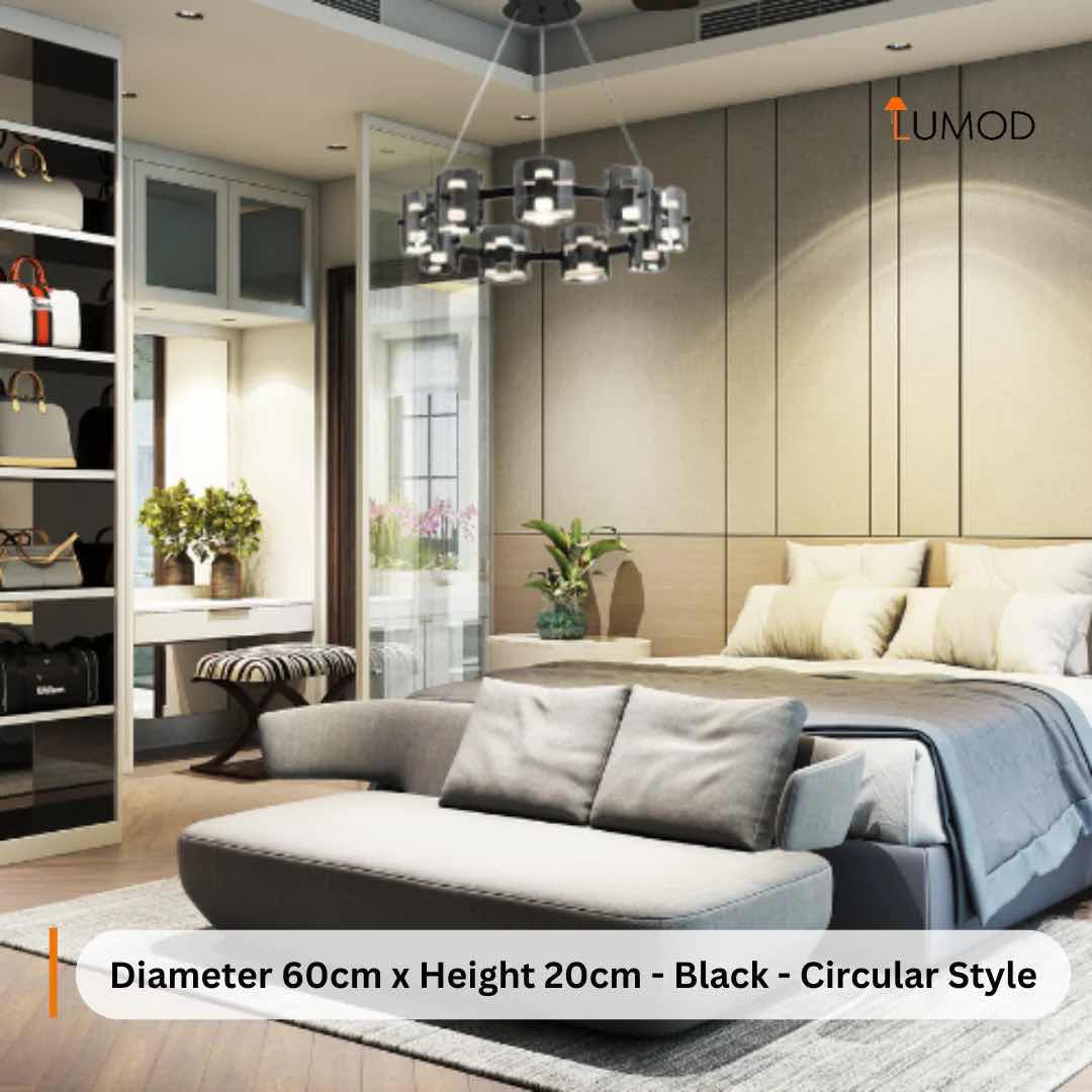 Photo 1 of VERA LUXURIOUS GLASS HANGING LIGHT FIXTURE D60” H 7.87” CIRCULAR STYLE BLACK METAL & GLASS