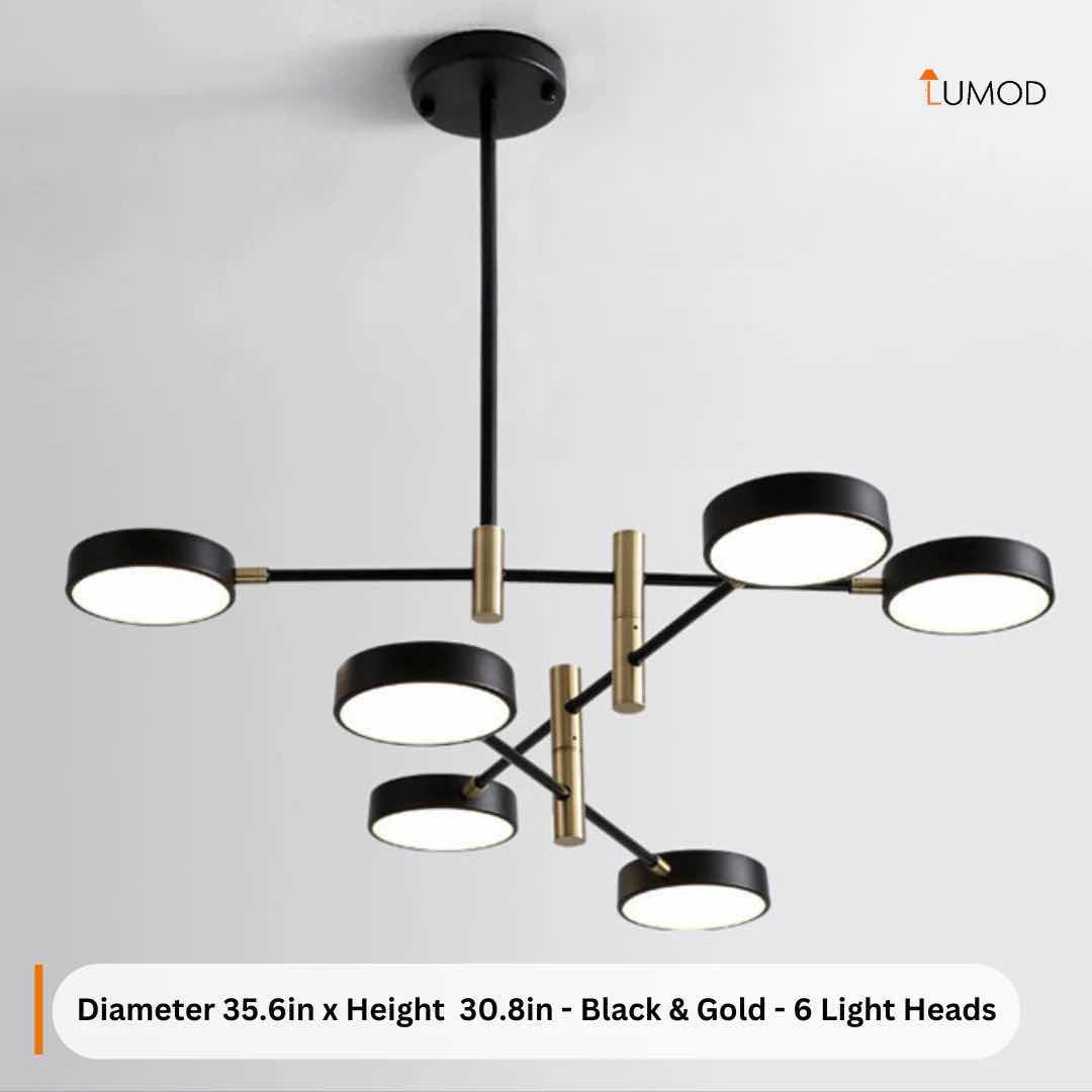 Photo 1 of NIB-FREYA INDUSTRIAL STYLE ROTATING LED CHANDELIER D35.6” x H30.8” 6 HEADS BLACK GOLD METAL ACYLIC  #1062