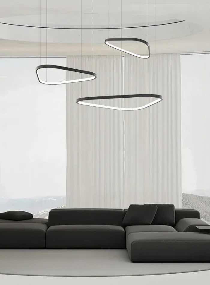 Photo 1 of NIB-TESSA ARTISTIC TRIANGULAR PENDANT LED CEILING HANGING LIGHT D21.4” BLACK ALUMINUM #1012  