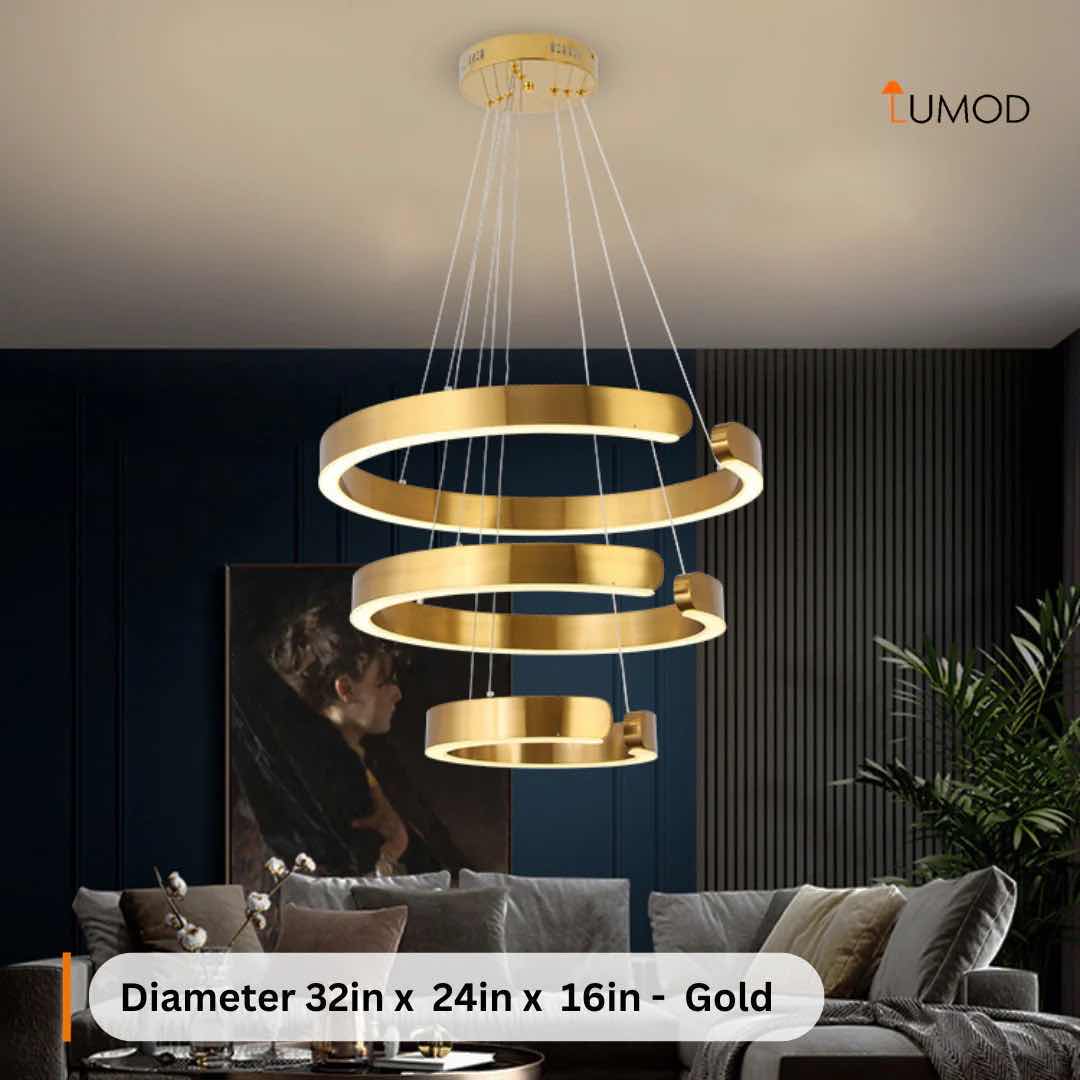 Photo 1 of NIB-ISABELLA SLEEK GOLD LED HANGING RINGS CHANDELIER D28β x 24β GOLD METAL STAINLESS STEEL #1108