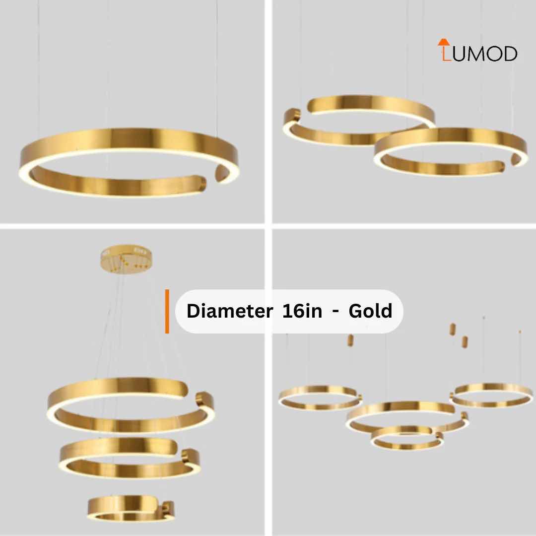 Photo 1 of NIB-ISABELLA SLEEK GOLD LED HANGING RINGS CHANDELIER D28” x 24” GOLD METAL STAINLESS STEEL  #1108  73.95