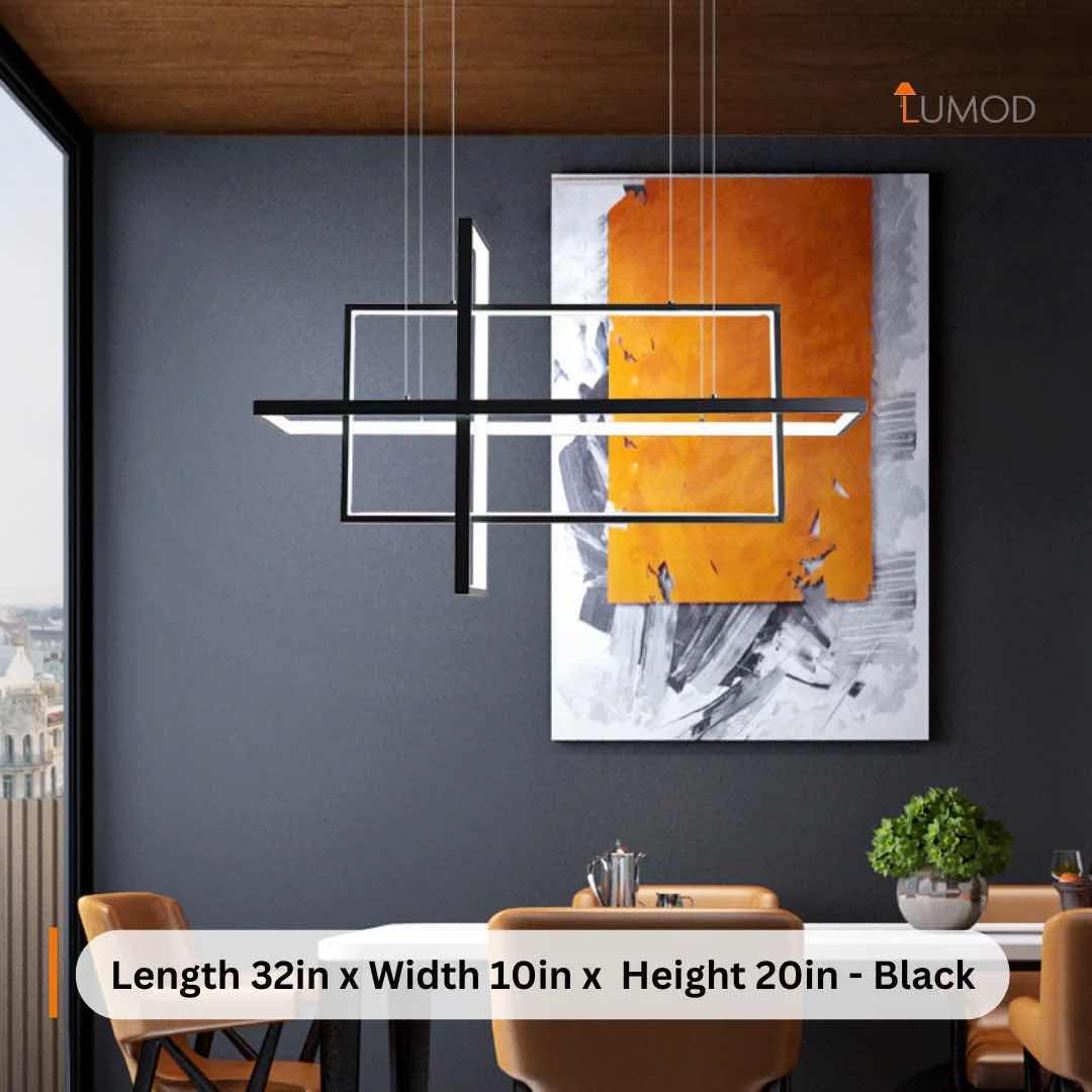Photo 1 of NIB-SCARLETT MODERN RECTANGLE GEOMETRIC CHANDELIER LED LIGHT L32” x W10” H20” BLACK IRON ALUMINUM & SILICON #1085  