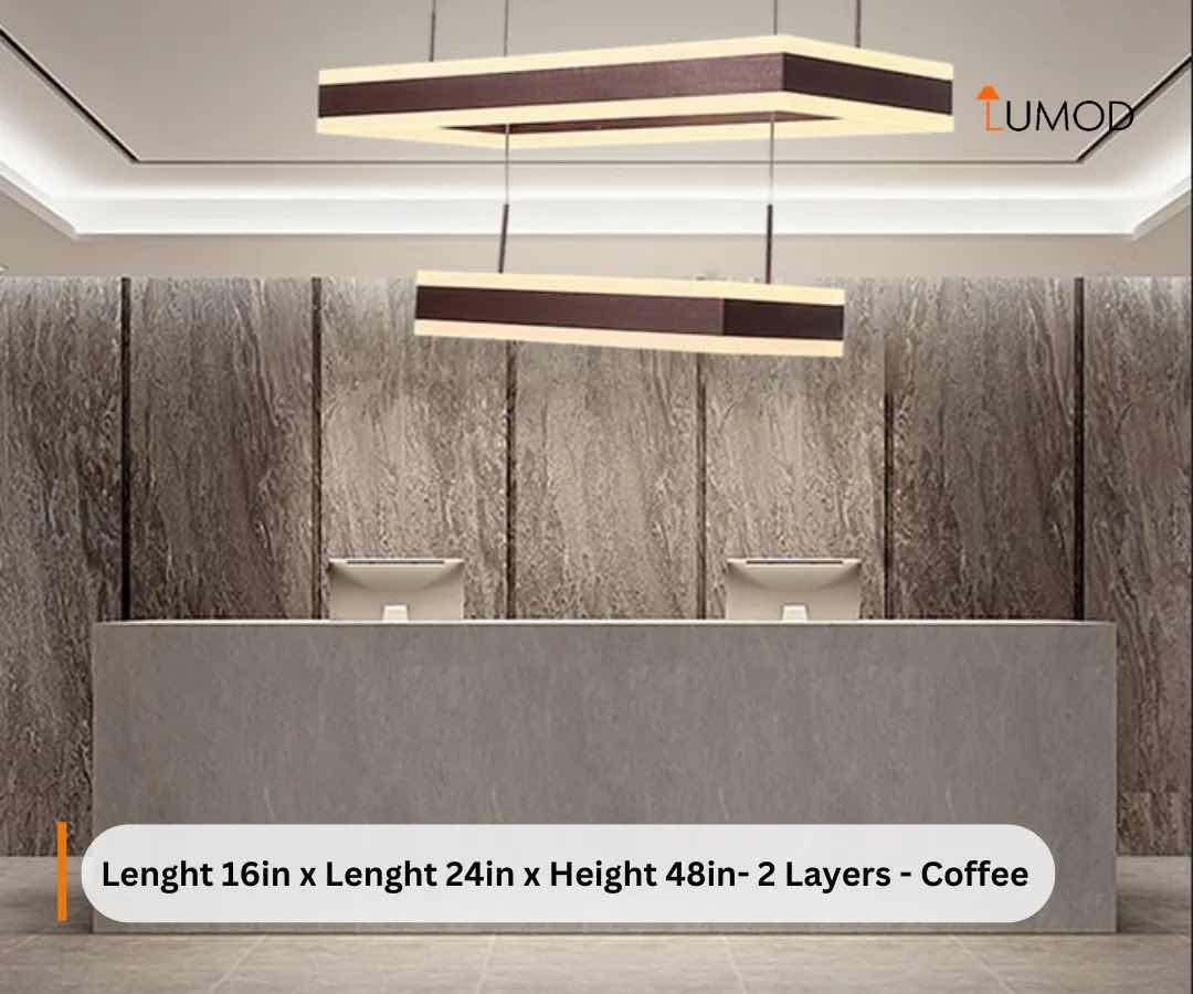 Photo 1 of NIB-NORA SLEEK MODERN LED RECTANGULAR PENDANT LIGHT L16” x L24” H48” (TWO LAYER) COFFEE METAL ALUMINUM & ACRYLIC #1080