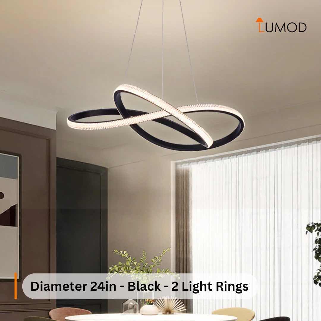 Photo 1 of NIB-ALTONA HANGING LED DOUBLE CIRCULAR STRIP CHANDELIER D24” BLACK METAL ALUMINUM ACRYLIC #1082