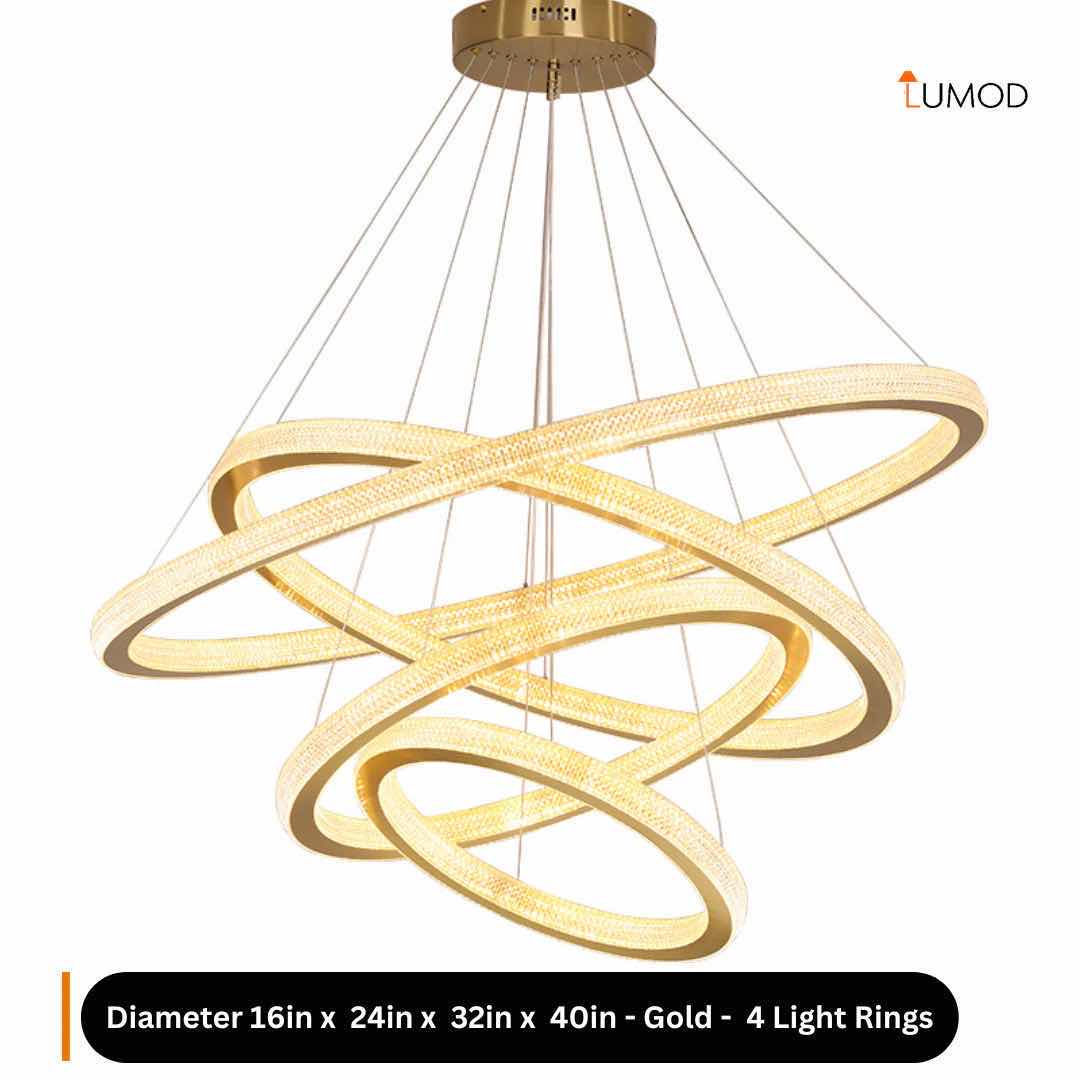 Photo 1 of NIB-GABBY CIRCULAR HANGING LED CHANDELIER W CRYSTAL ACCENTS D16” x 24”x 24” x 40” GOLD METAL & ALUMINUM & ACRYLIC  #1111  