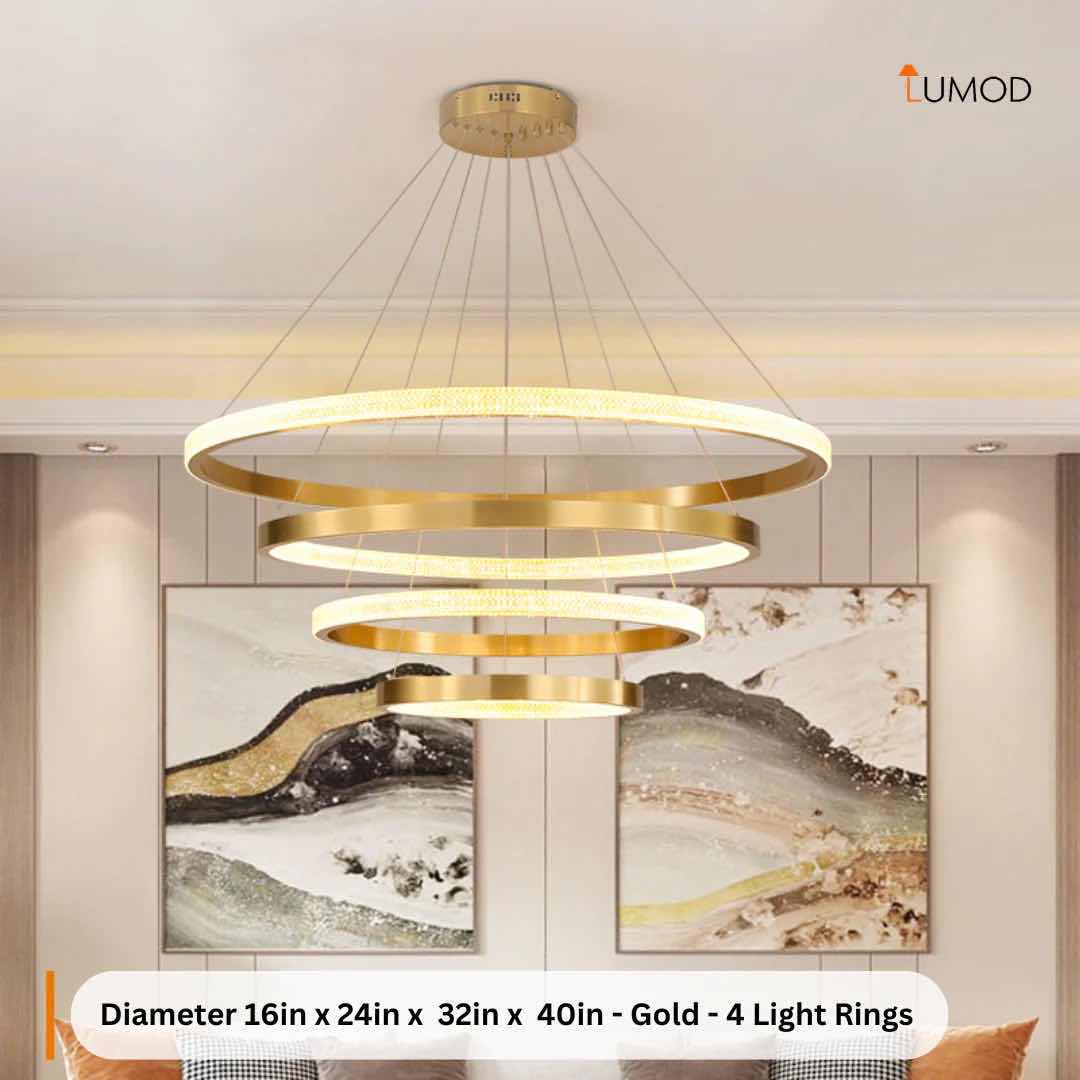 Photo 1 of NIB-GABBY CIRCULAR HANGING LED CHANDELIER W CRYSTAL ACCENTS D16” x 24”x 24” x 40” GOLD METAL & ALUMINUM & ACRYLIC #1111