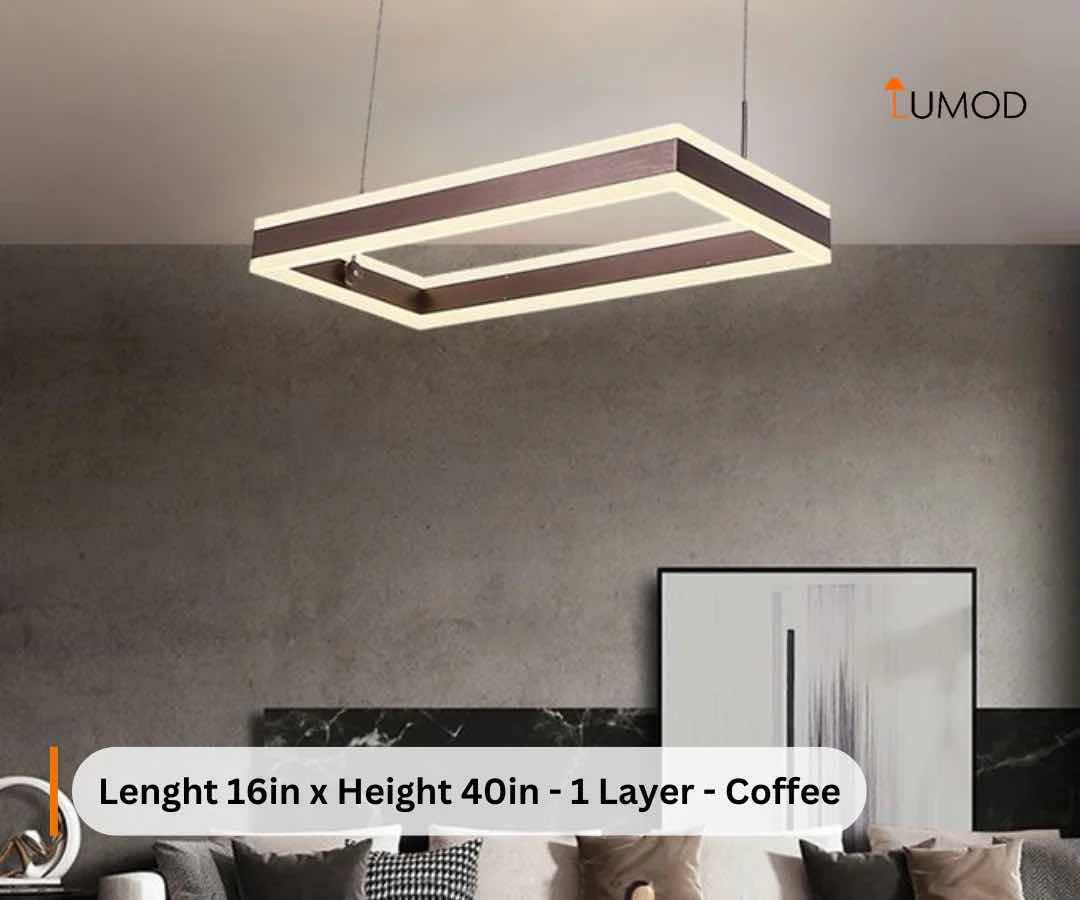 Photo 1 of NIB-NORA SLEEK MODERN LED RECTANGLE PENDANT LIGHT L16” x H40” (ONE LAYER) COFFEE METAL ALUMINUM & ACRYLIC #1079