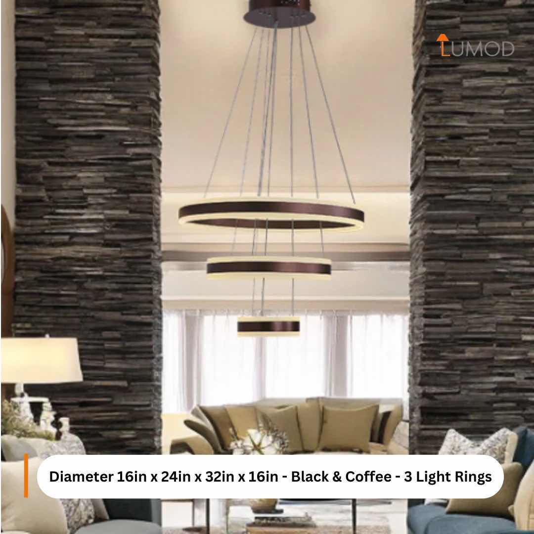 Photo 1 of NIB-CAMILLA SLEEK MINIMALIST ROUND RING PENDANT LIGHT  D8” x 16” x24” BLACK & COFFEE METAL & ALUMINUM & ACRYLIC #1077 