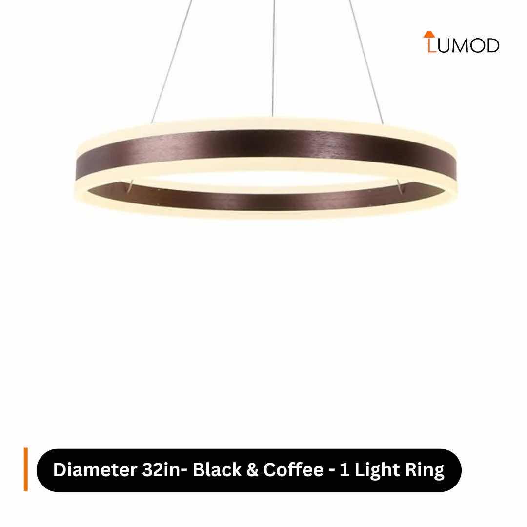 Photo 1 of NIB-CAMILLA SLEEK MINIMALIST ROUND RING PENDANT LIGHT  D8” x 16” x24” BLACK & COFFEE METAL & ALUMINUM & ACRYLIC #1077 