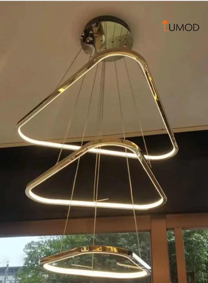 Photo 1 of NIB-ROMEO GOLD TRIANGULAR STYLE LED LIGHT FIXTURE D16” x 24” x 32” (3 LAYERS) GOLD METAL STAINLESS STEEL & Acrylic #1114