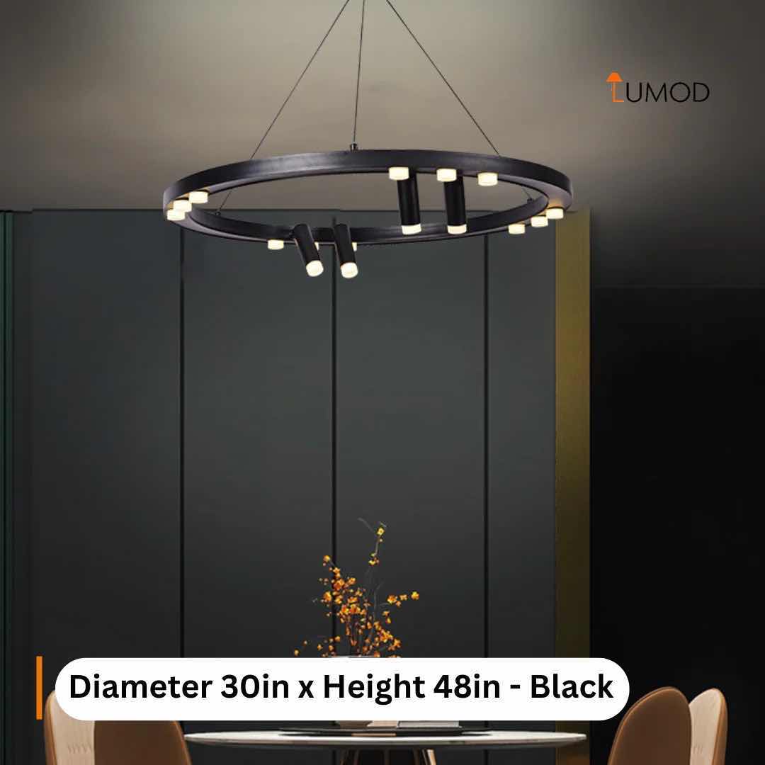 Photo 1 of NIB-KORA MINIMALIST ROUND SHAPE LED CHANDELIER D30” x H48” BLACK METAL & ALUMINUM, ACRYLIC #1094