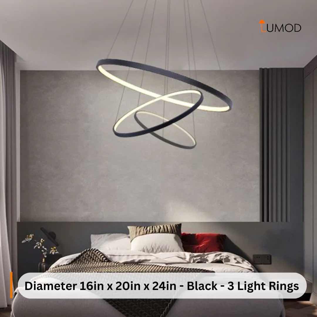 Photo 1 of NIB-COCO MODERN CIRCULAR LED PENDANT LIGHT D8” x 16” x 24” x 32” x 40” BLACK METAL, ALUMINUM & SILICONE #1084
