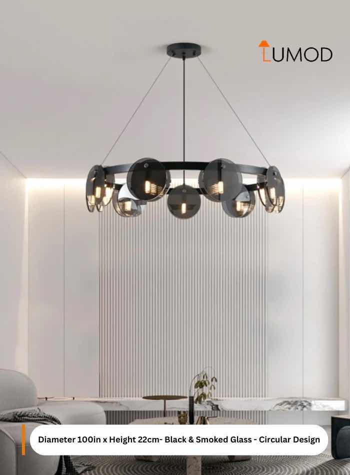 Photo 1 of NIB-BILLY BLACK SPUTNIK LED CHANDELIER D100” x H8.66” CIRCULAR DESIGN BLACK W SMOKE GLASS METAL #1006