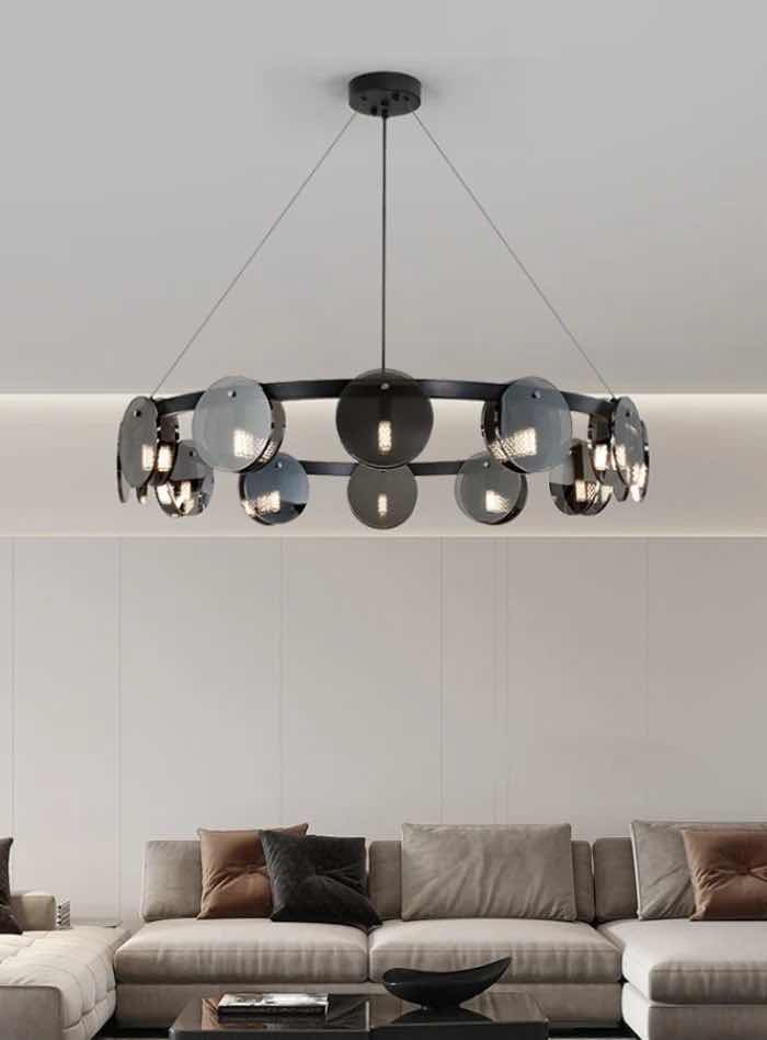 Photo 1 of NIB-BILLY BLACK SPUTNIK LED CHANDELIER  D100” x H8.66” CIRCULAR DESIGN BLACK W SMOKE GLASS METAL  #1006  