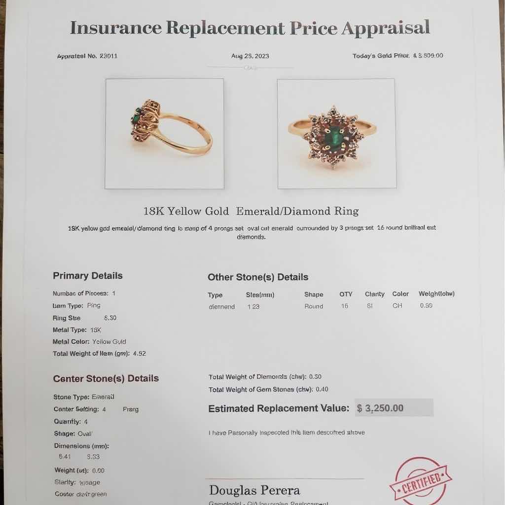 Photo 1 of 18K YELLOW GOLD 0.40 EMERALD &  0.30 DIAMOND RING  TTL GRAMS 4.32 (APPROX. SIZE 7) W INSURANCE APPRAISAL ITEM #2011