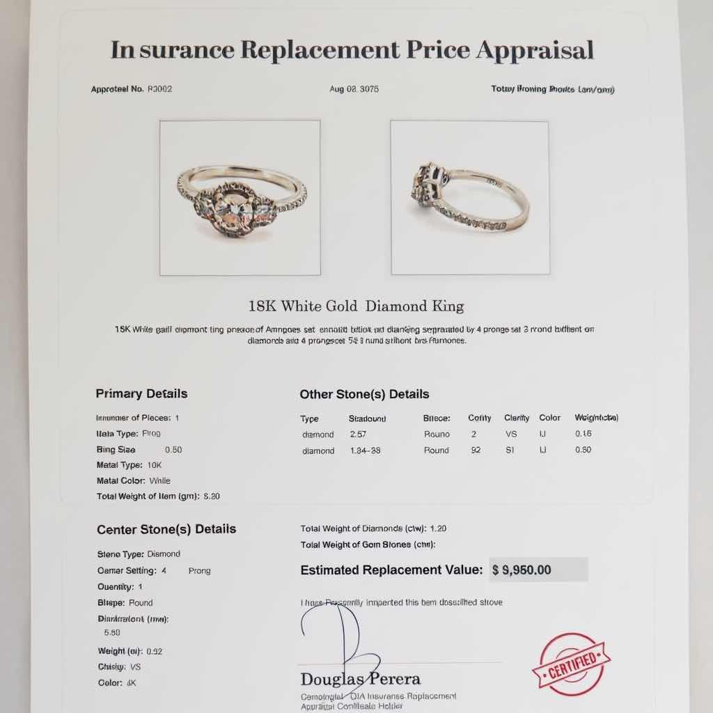 Photo 1 of 18K WHITE GOLD W 1.2ctw DIAMOND RING W INSURANCE APPRAISAL TTL GRAMS 3.20 (APPROX SIZE 6) TTL GRAMS 3.20 ITEM #2002  