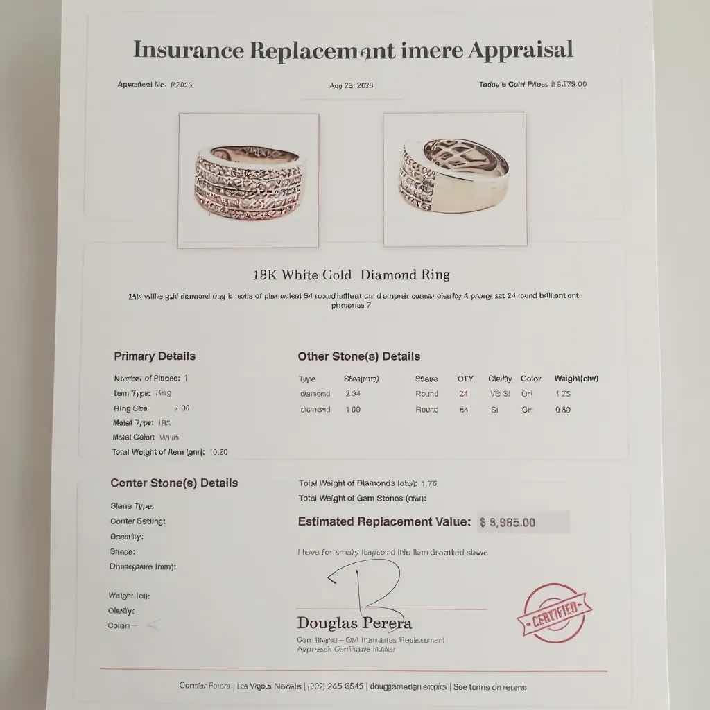 Photo 1 of 18K WHITE GOLD W 1.75cwt DIAMOND RING W INSURANCE APPRAISAL (APPROX SIZE 6) TTL GRAMS 10.68 ITEM #2003 