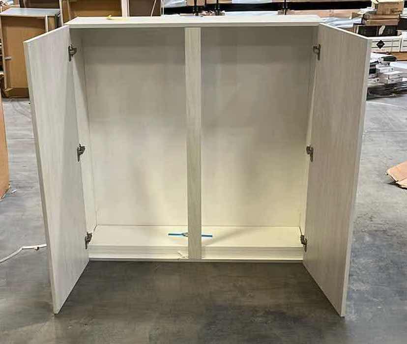 Photo 2 of LEEDO WHITE WOODGRAIN FINISH 2 DOOR 3 SHELF WALL CABINET 42” X 13” H42”