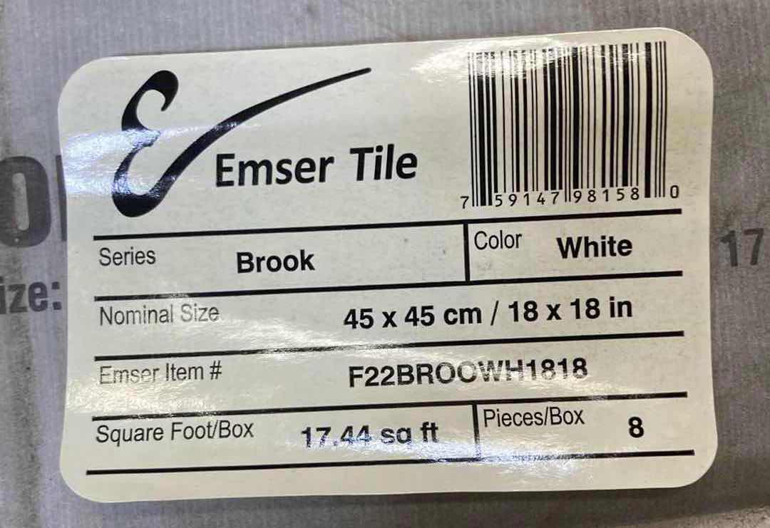 Photo 2 of EMSER TILE BROOK WHITE FINISH MATTE CERAMIC TILE 18” X 18” (17.44SQFT PER CASE/5CASES APPROX 87.2SQFT TOTAL) READ NOTES