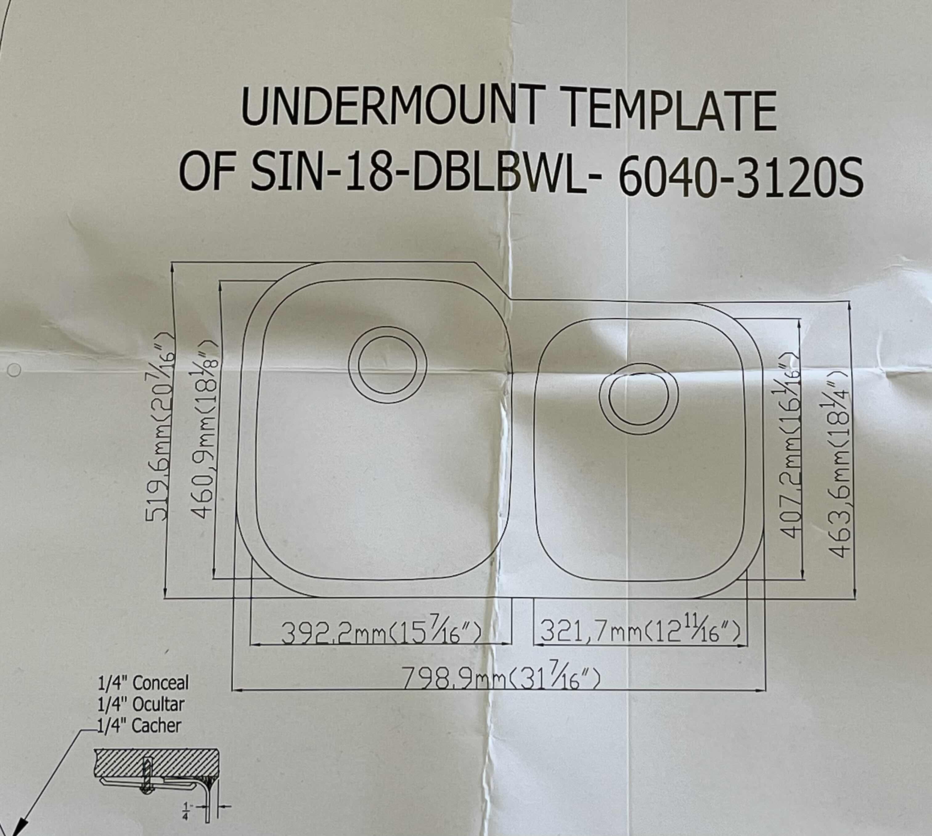 Photo 6 of MSI 32” STAINLESS STEEL SATIN FINISH UNDER-MOUNT 18G 60/40 DOUBLE BOWL KITCHEN SINK W 1 DRAIN COVER & MOUNTING HARDWARE MODEL SIN-18-DBLBWL-6040-3120S