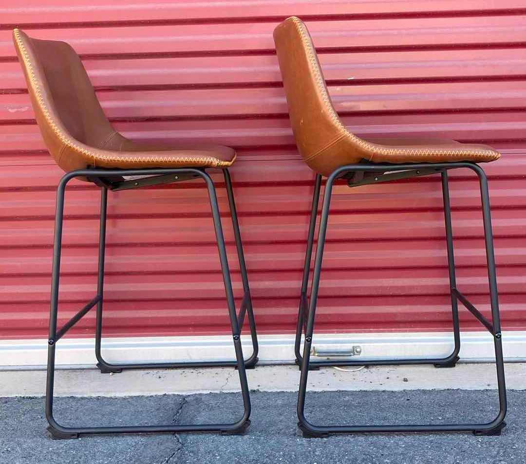 Photo 2 of HENGLIN HOME ARMLESS INDUSTRIAL BROWN FAUX LEATHER BARSTOOLS 18” X 16” H36” (2)