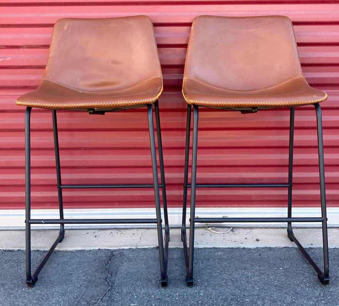 Photo 1 of HENGLIN HOME ARMLESS INDUSTRIAL BROWN FAUX LEATHER BARSTOOLS 18” X 16” H36” (2)