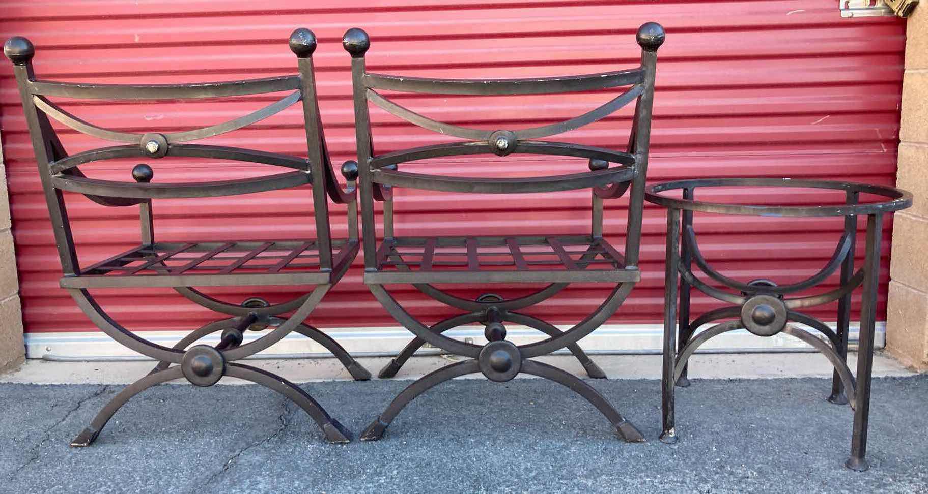 Photo 4 of AGED BRONZE FINISH METAL FRAME PATIO CHAIRS 24” X 20” H36.5” W 22” SIDE TABLE 