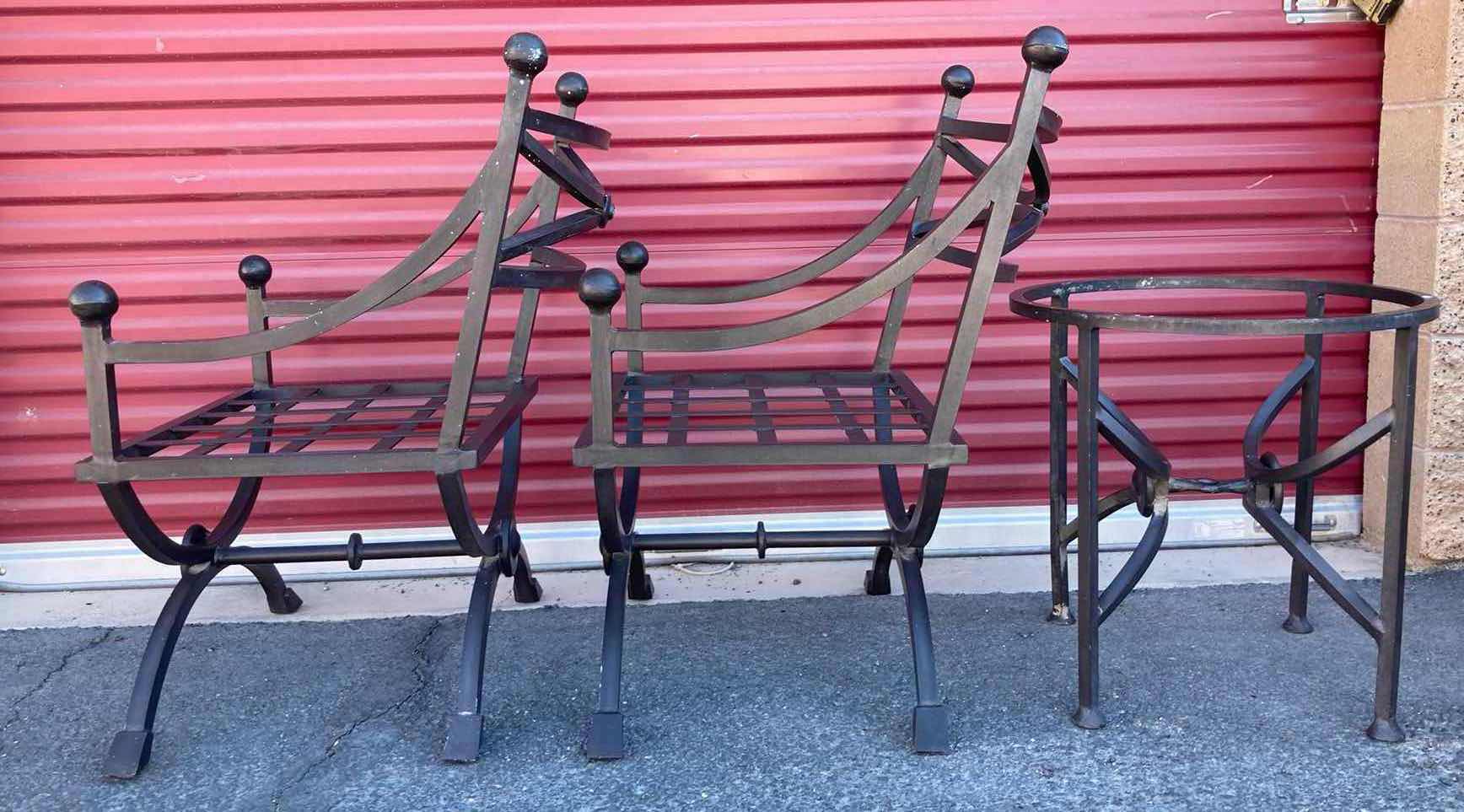 Photo 3 of AGED BRONZE FINISH METAL FRAME PATIO CHAIRS 24” X 20” H36.5” W 22” SIDE TABLE 