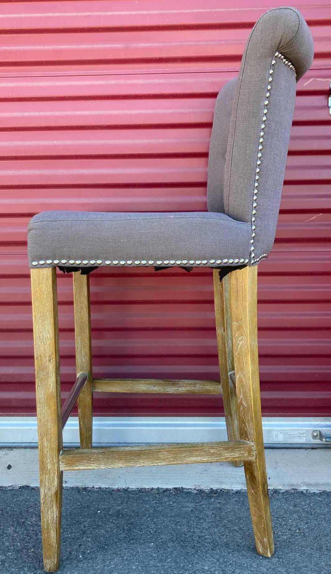 Photo 3 of GREY UPHOLSTERY COUNTER HEIGHT ARMLESS CHAIR W NAIL TRIM & WOOD LEGS 19” X 19” H42.5”