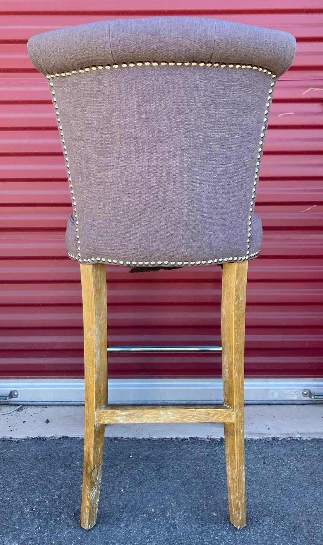 Photo 4 of GREY UPHOLSTERY COUNTER HEIGHT ARMLESS CHAIR W NAIL TRIM & WOOD LEGS 19” X 19” H42.5”