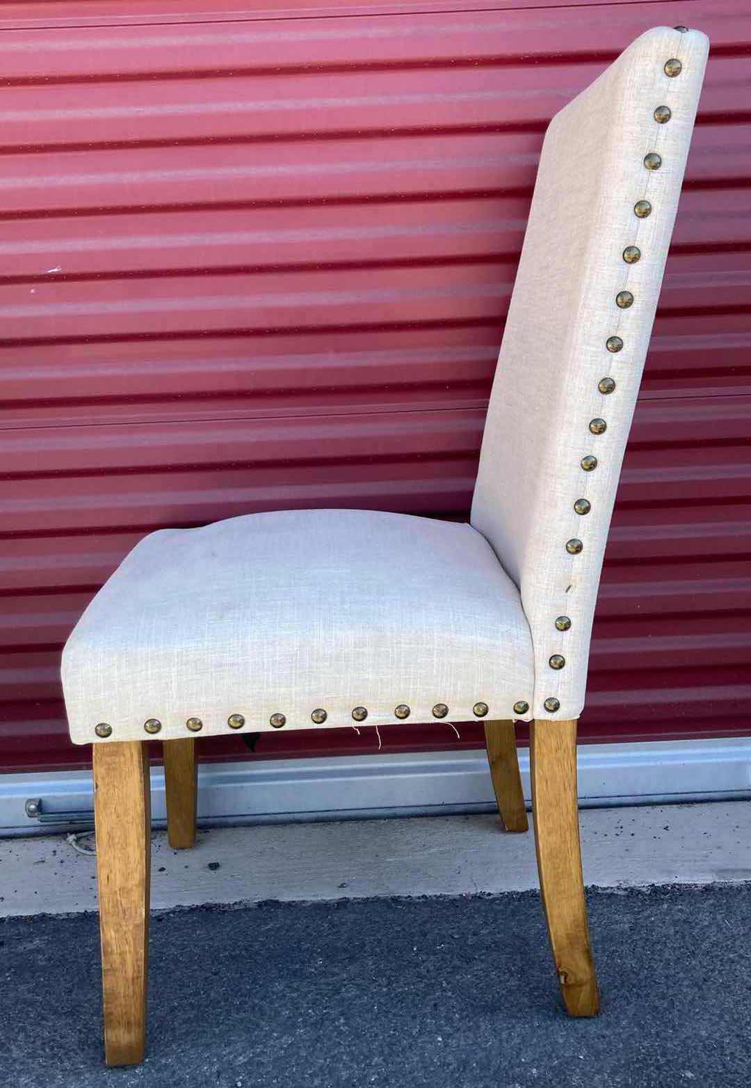 Photo 3 of BEIGE UPHOLSTERY ARMLESS DINING CHAIR W NAILHEAD TRIM AND RUBBERWOOD LEGS 19” X 20” H38.5”