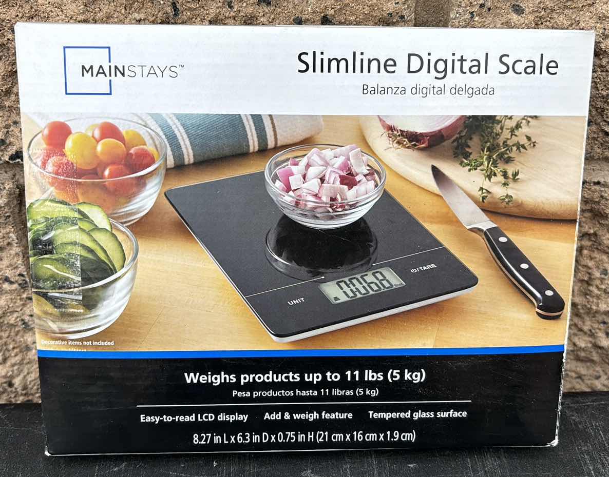 Photo 1 of MAINSTAYS SLIMLINE DIGITAL SCALE W LCD DISPLAY, WEIGHS UPTO 11 LBS